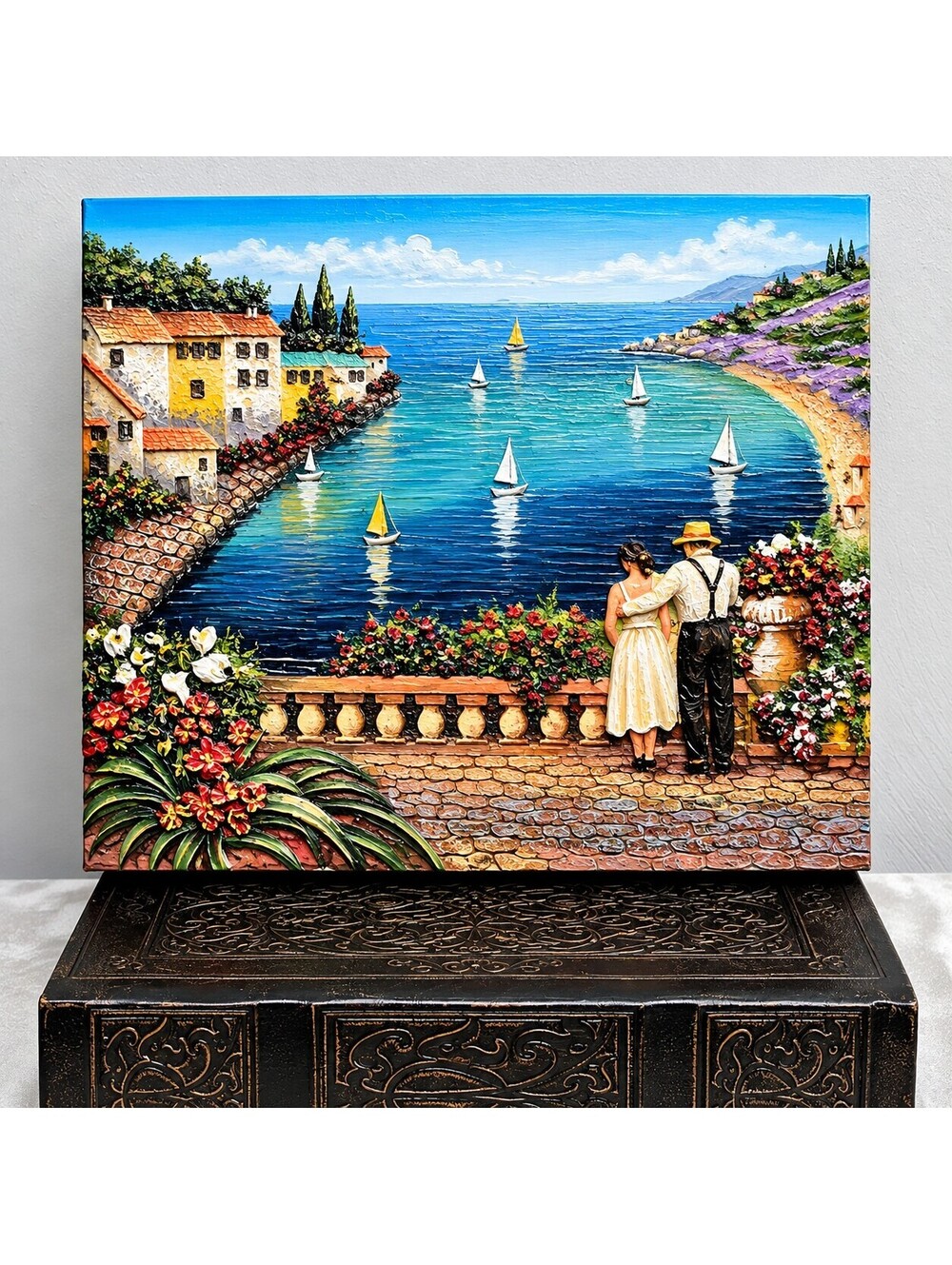 3D Mediterranean Coastal Wall Plaque Sailboats Couple Relief Art 9x7 Vintage
